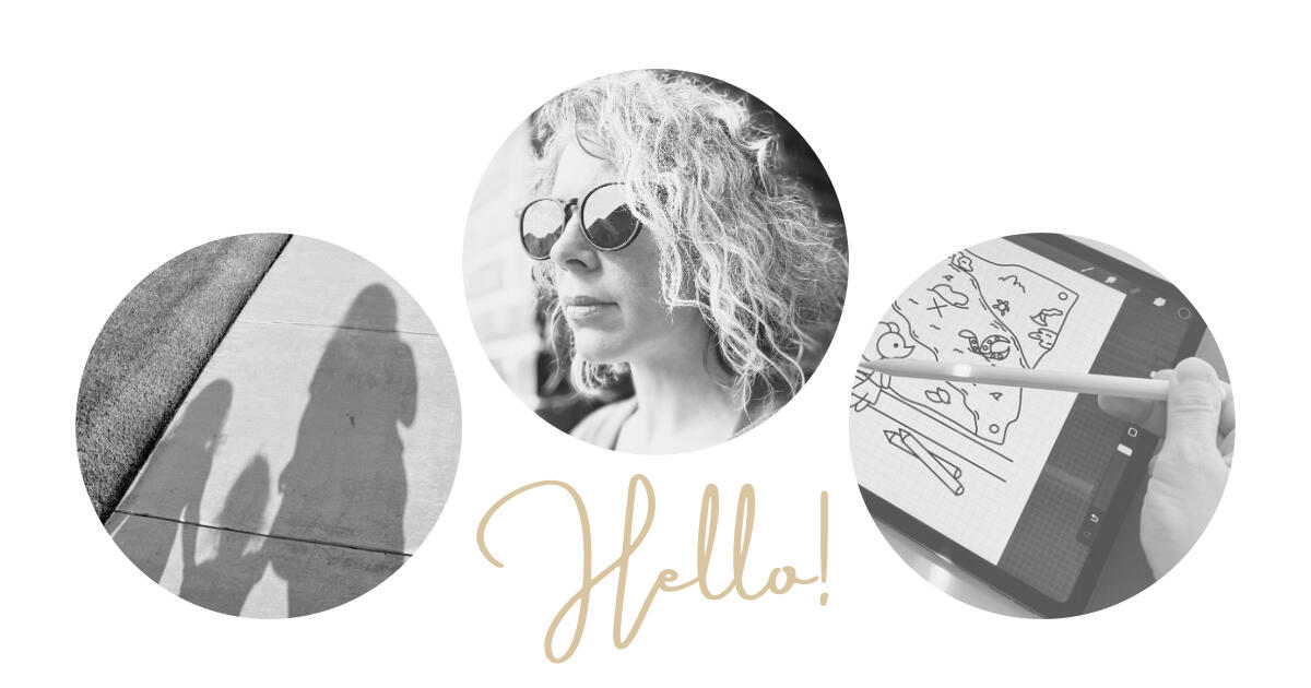 Nest And Ponder Nest And Ponder About With 3 Black And White Photos showing shadows of a family, the author, and the author drawing.